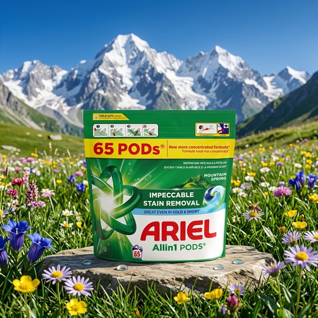 Detergent de rufe capsule Ariel All in One PODS Mountain Spring, 65 spalari